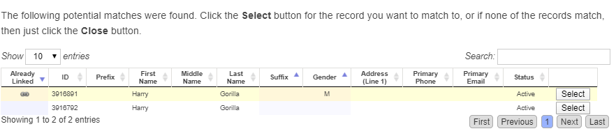 Contact Match Window Results
