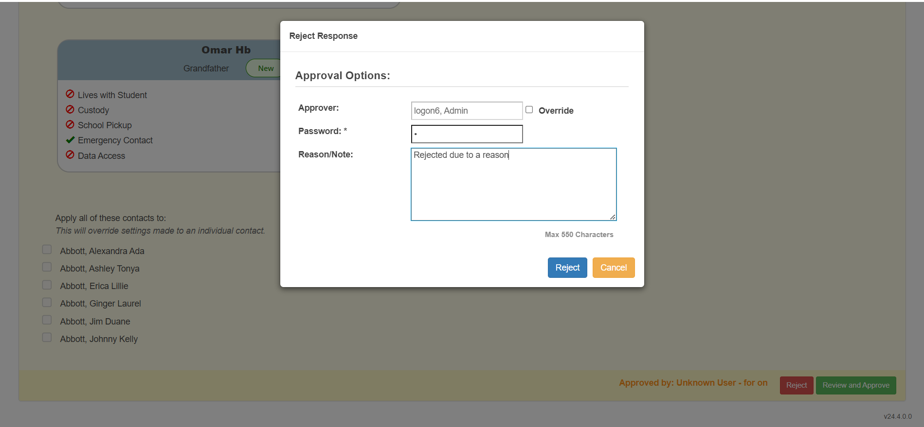 Form Rejection Modal