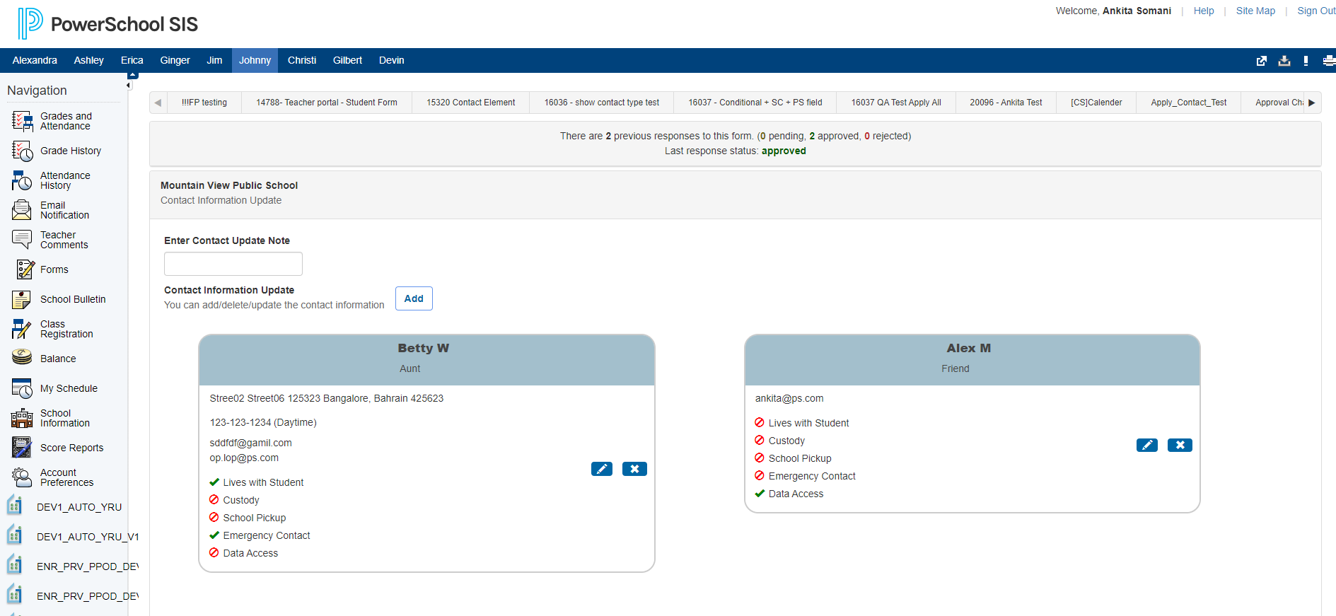 Contacts shown within Parent Portal Forms