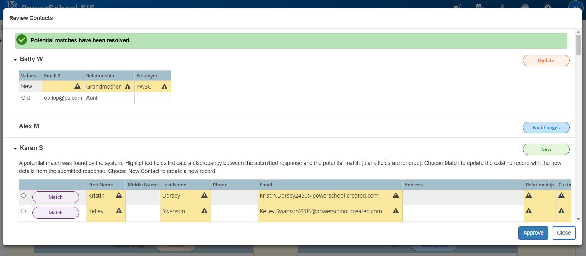 Review Contacts Modal - Student Forms