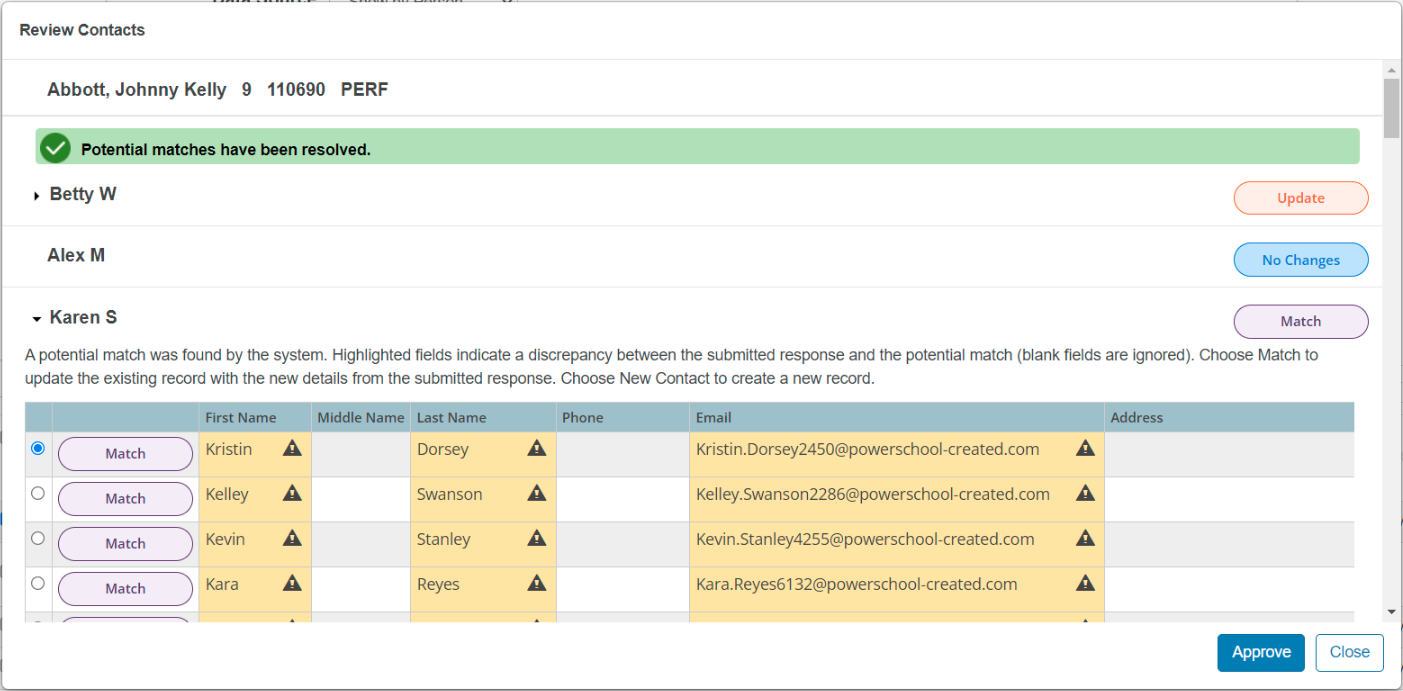 Review Contacts Modal - Response Reports - Warnings resolved