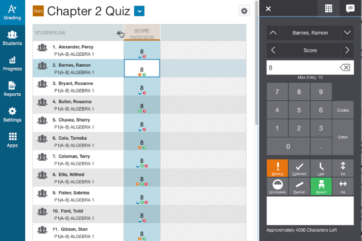 A screenshot of the score inspector adjacent to a list of students who completed the assignment.