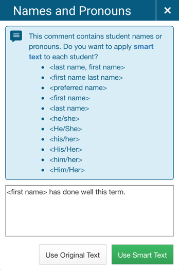 A screenshot shows the smart text dialog and the available smart text codes.