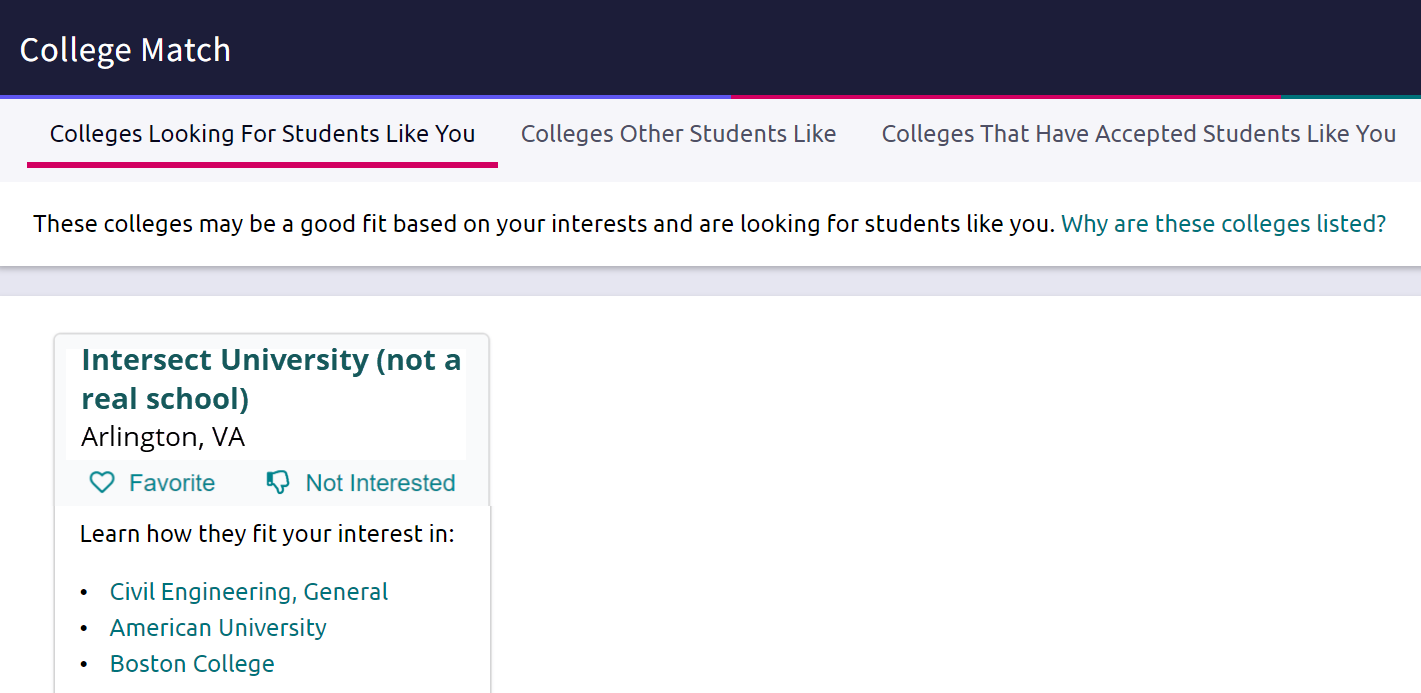 College Match page in Naviance Student