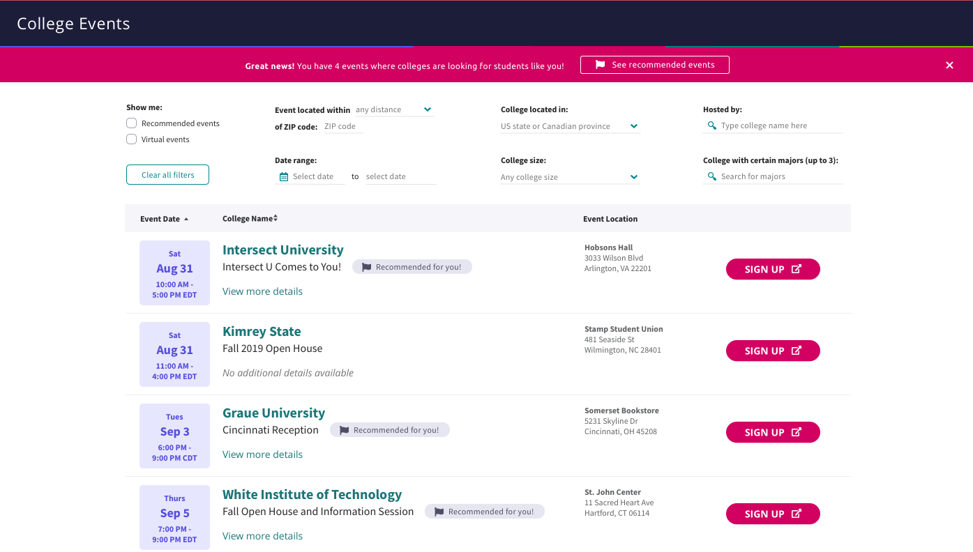 College Events page in Naviance Student