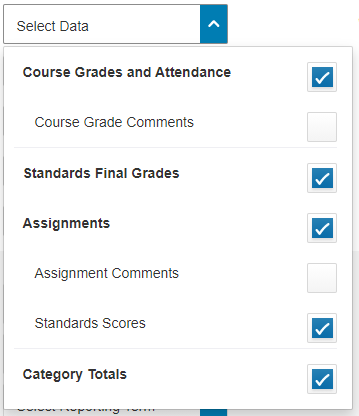 screenshot of the data options checklist