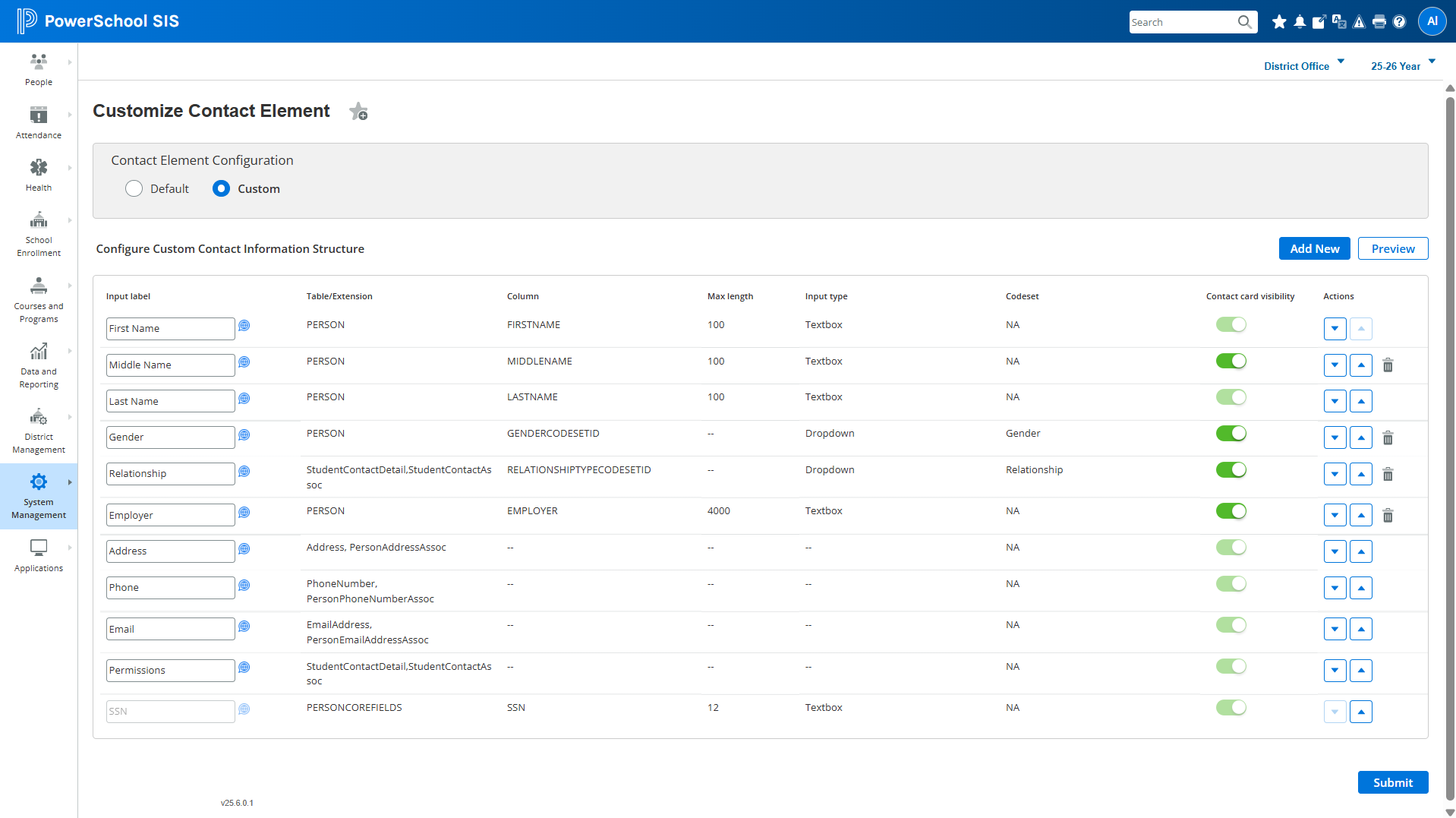 Customize Contact Element page