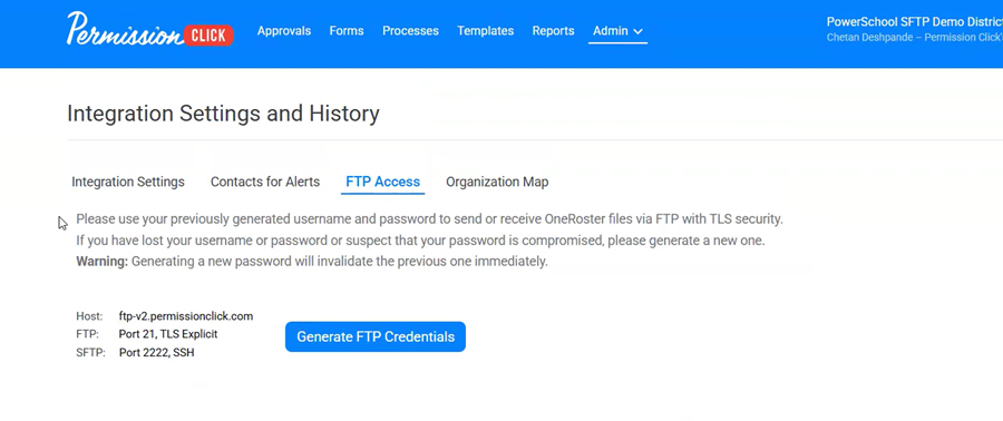FTP Access within Integration settings and history
