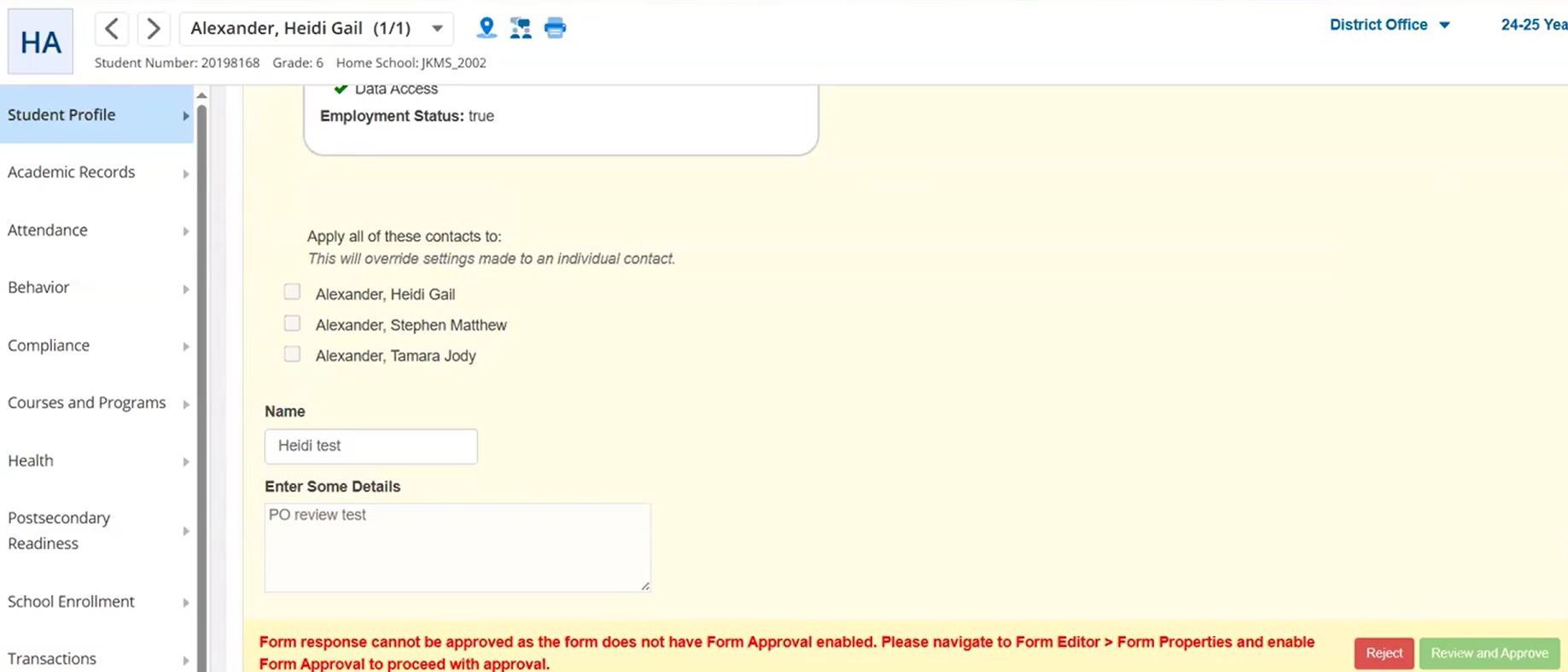 Administrator view in the Student Forms when form approval is disabled, and parents submit the form